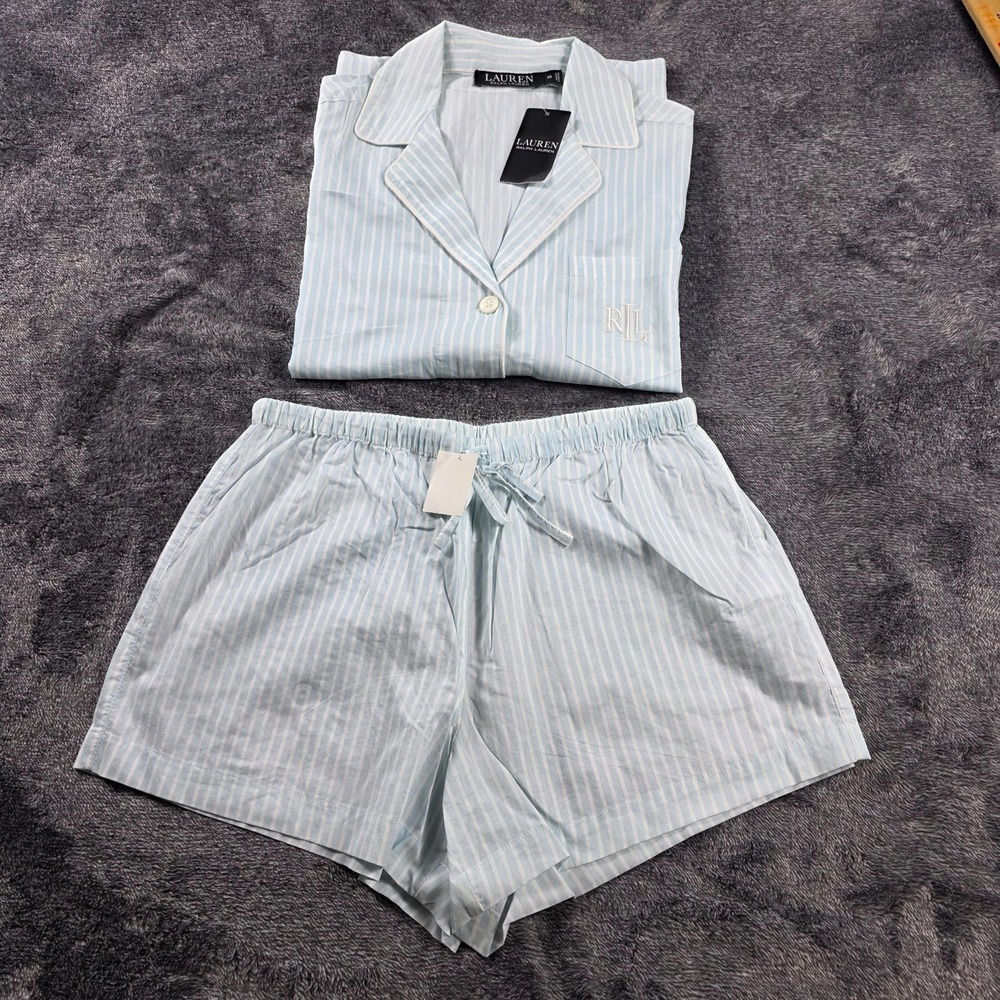 Ralph Lauren Light Blue Striped Shirt & Shorts Sleep Set Womens XS Pajama Set